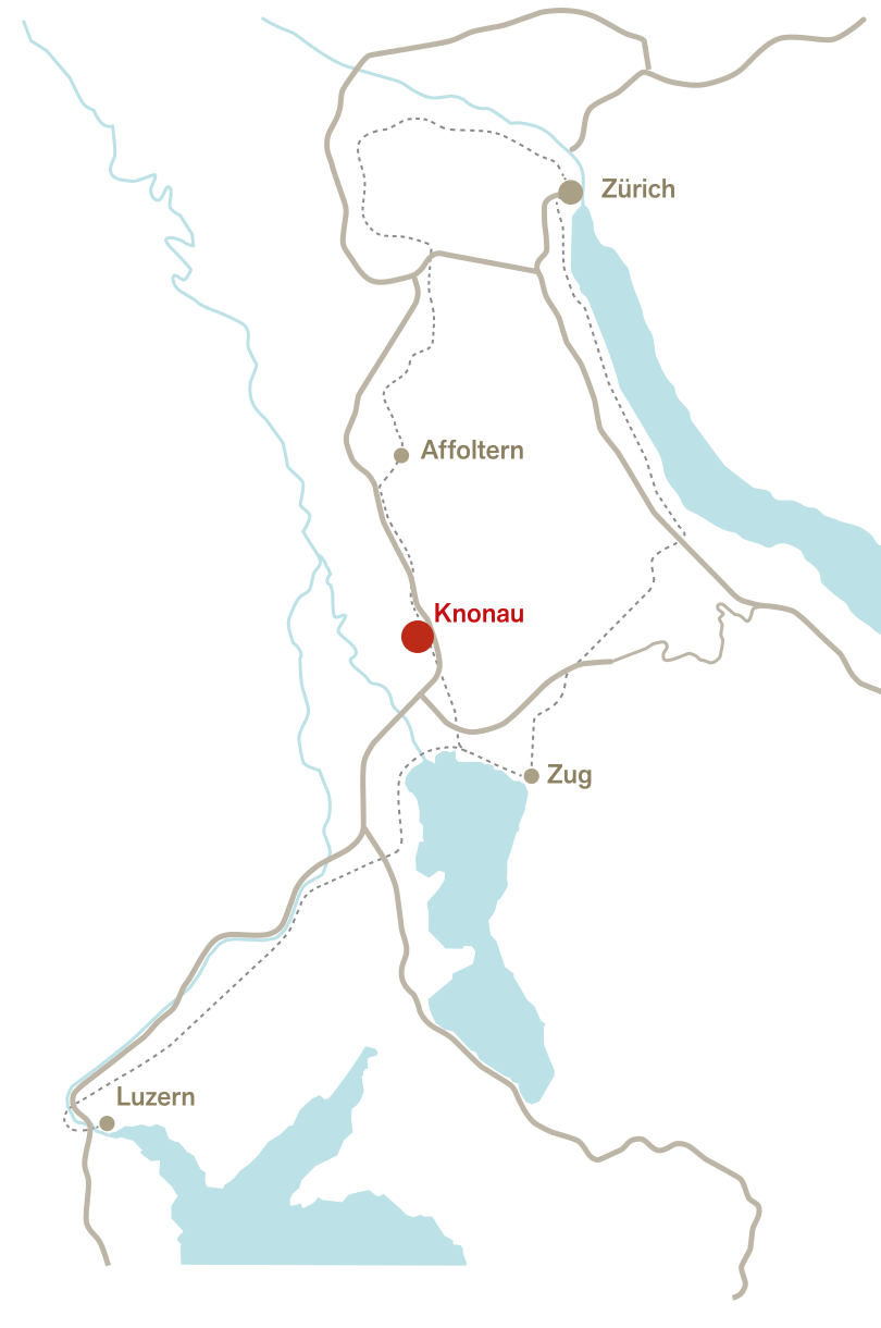 Übersichtskarte der Region mit Knonau zwischen Zürich, Zug und Luzern