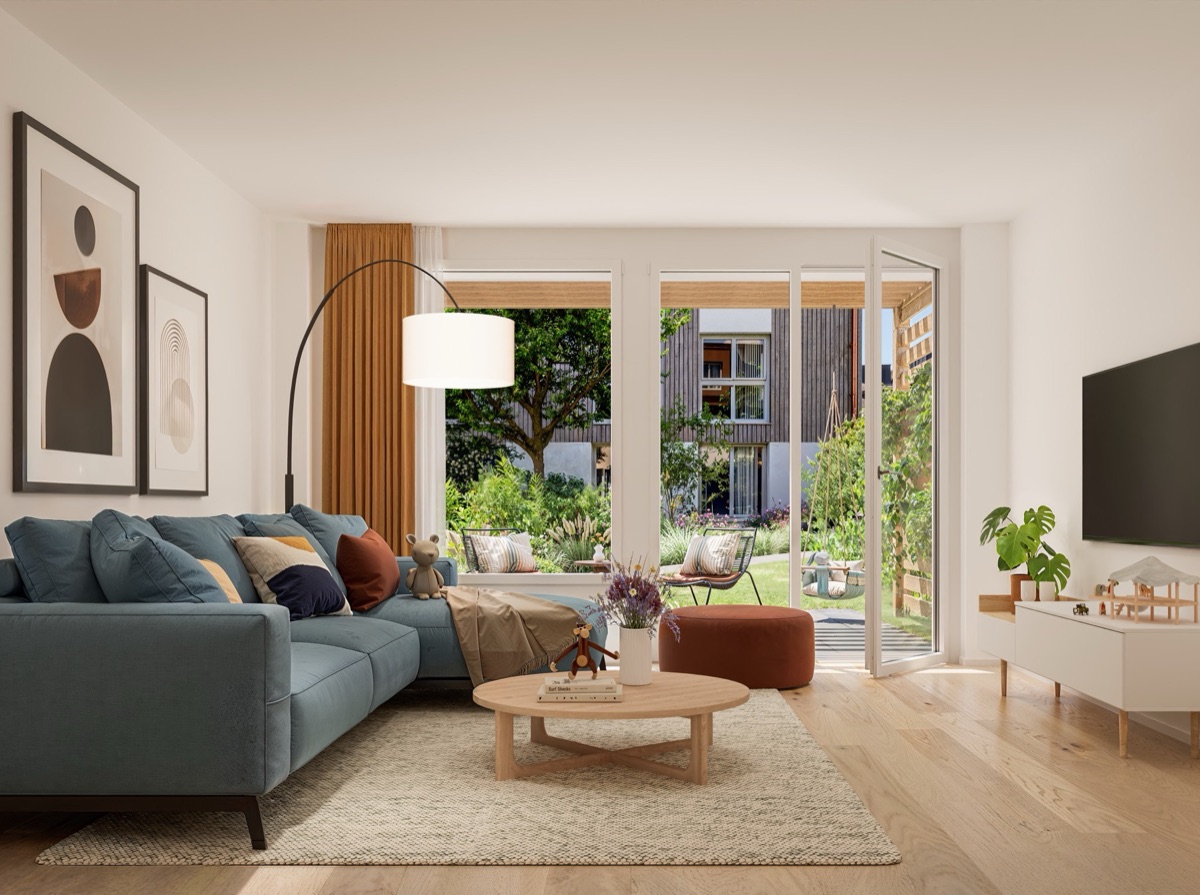 Visualisierung: Wohnzimmer mit Blick in den begrünten Innenhof