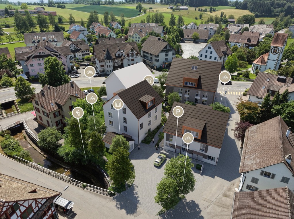 Visualisierung der Dorfmitte Knonau mit dem Wohnungsangebot