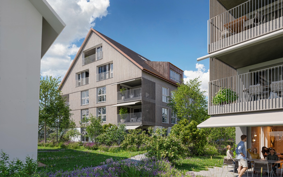 Visualisierung der Wohnhäuser mit Satteldächern, Holzfassaden und begrüntem Innenhof