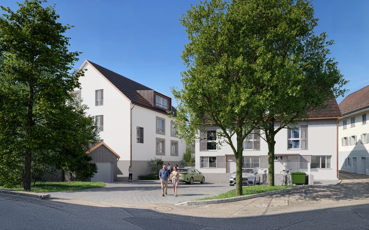 Visualisierung: Strassenansicht der Wohnhäuser mit Vorplatz und Zufahrt zur Einstellhalle