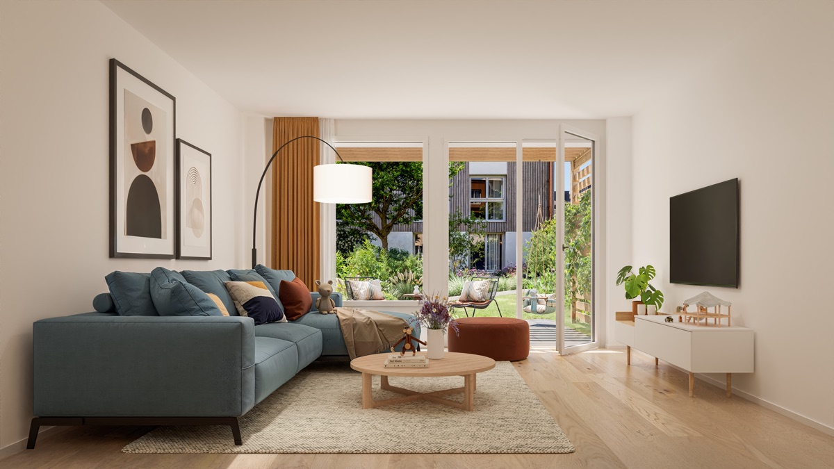 Visualisierung: Wohnzimmer mit Blick in den begrünten Innenhof
