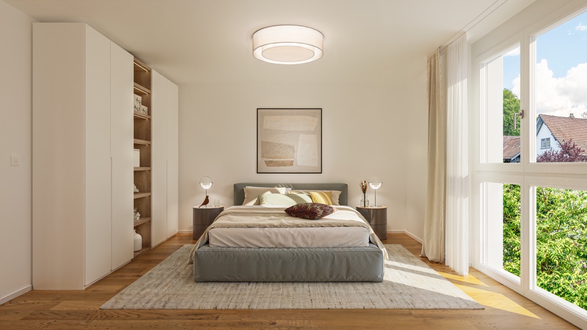 Visualisierung: Schlafzimmer mit raumhoher Verglasung und Einbauschrank