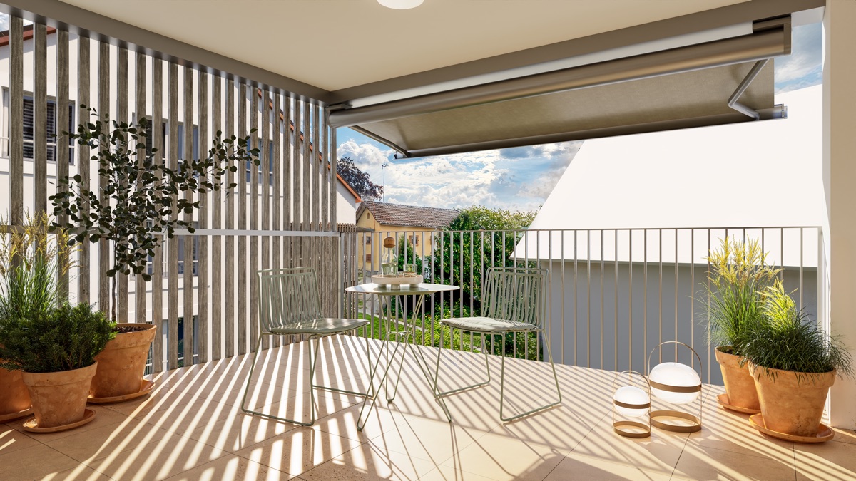 Visualisierung: Balkon mit Holzlamellen, Markise und Sitzplatz