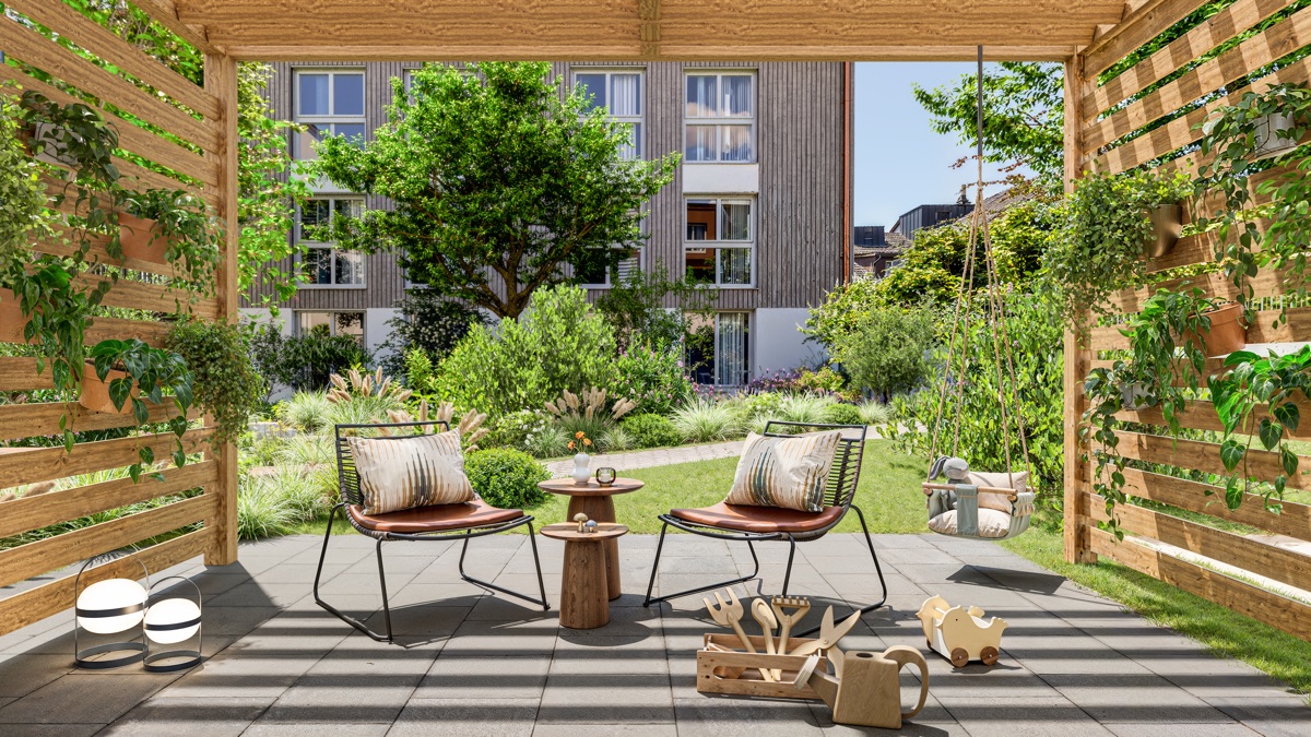 Visualisierung: Pergola im Garten mit Blick auf die Wohnhäuser